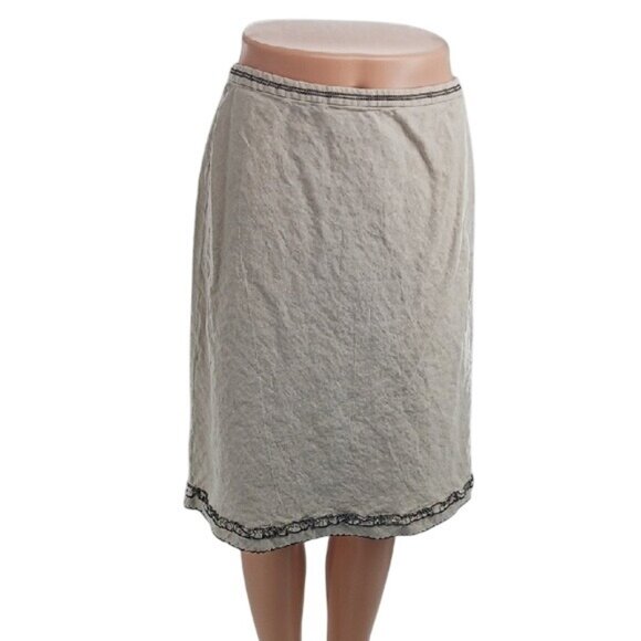 LOFT Skirt Tan Black Ruffle Trim Knee Length 100% Linen Womens Size 4 - Picture 1 of 7